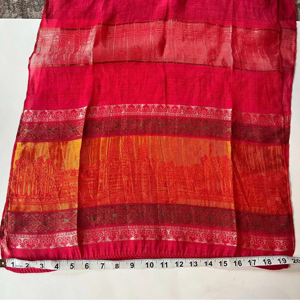 Silk Scarf Lightweight Moroccan India Design Damask Red Gold Orange - Picture 8 of 9